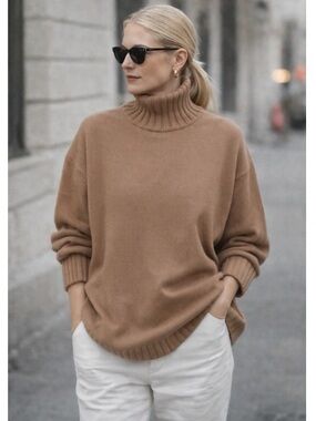 P.T. International Camel Cotton Ribbed Turtleneck Sweater
